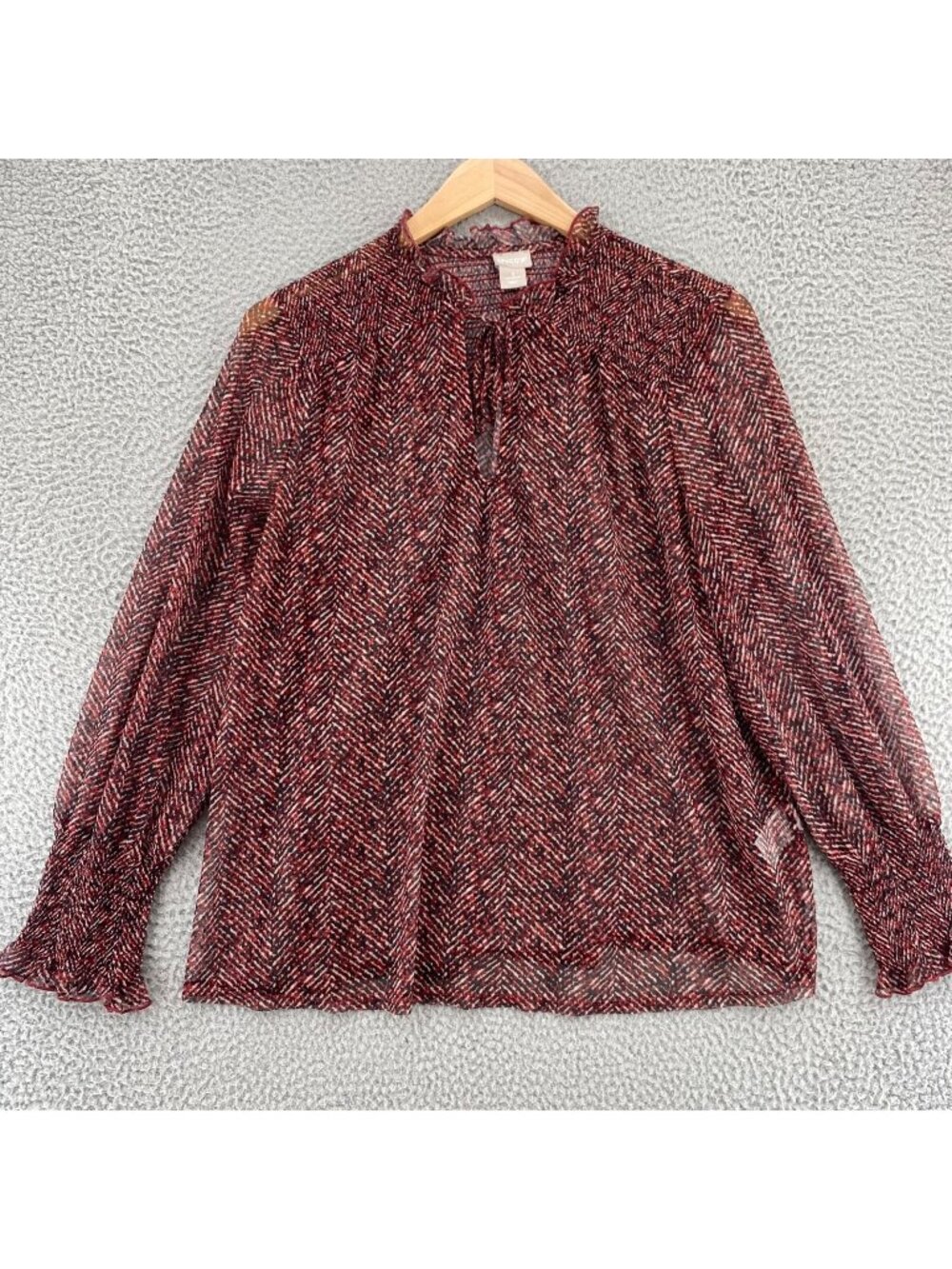 Chicos Top Womens 3 US Extra Large Red Herringbone Mesh Ruffle Smocked Blouse